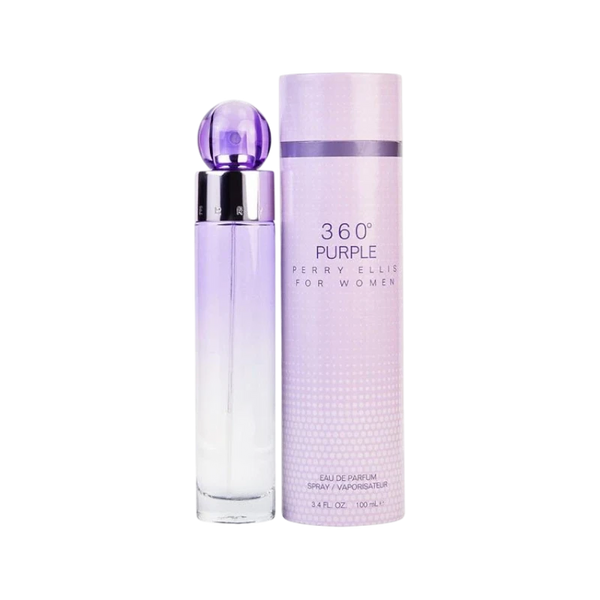 Perfume 360 Purple de BodegaPerfumera13 en frasco cilíndrico de vidrio con tapa esférica y estuche cilíndrico lila