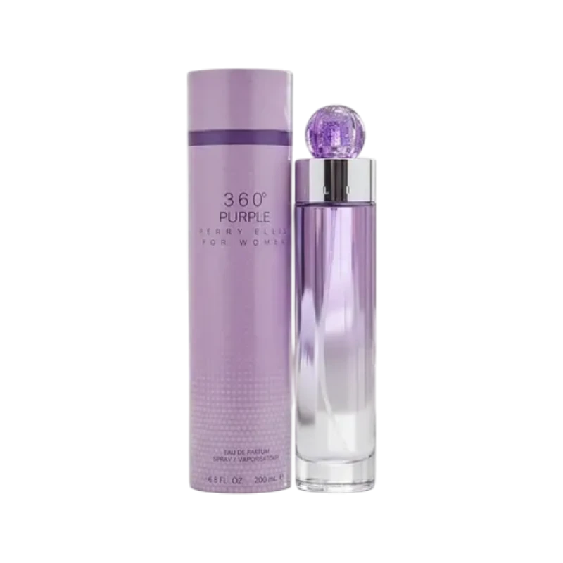 Perfume 360 Purple de BodegaPerfumera13 en frasco de vidrio cilíndrico con tapa esférica y caja cilíndrica a juego