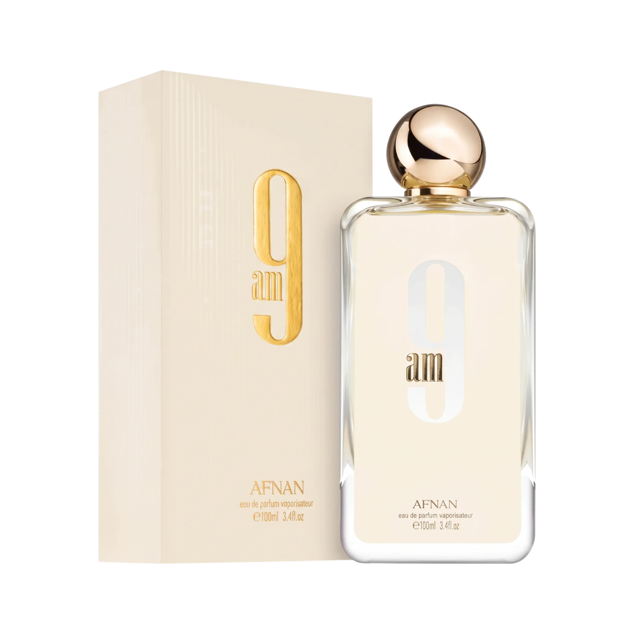 Perfume 9AM Afnan de BodegaPerfumera13 en frasco de cristal con tapón dorado y caja beige a juego
