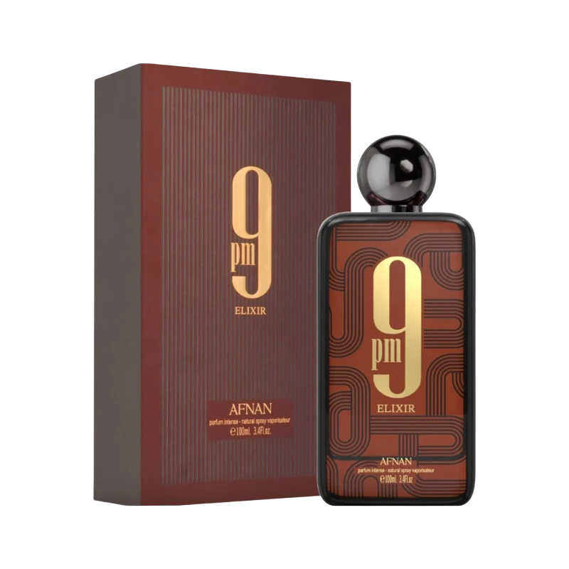 Perfume 9PM ELIXIR de BodegaPerfumera13 en frasco rectangular marrón con detalles geométricos y caja a juego