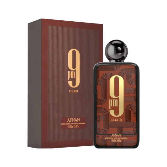 Perfume 9PM ELIXIR de BodegaPerfumera13 en frasco rectangular marrón con detalles geométricos y caja a juego