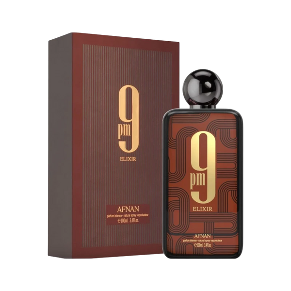 Perfume 9PM ELIXIR de BodegaPerfumera13 en frasco rectangular marrón con detalles geométricos y caja a juego