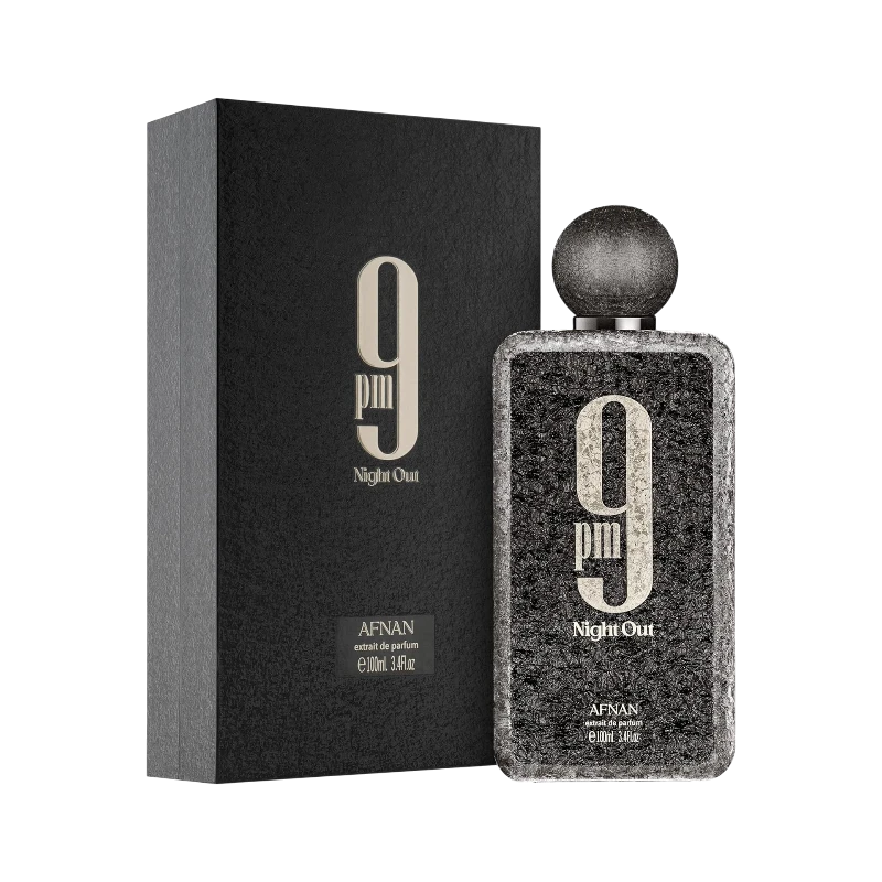 Perfume 9PM Night Out de BodegaPerfumera13 en frasco de 100ml con textura rugosa negra y caja a juego