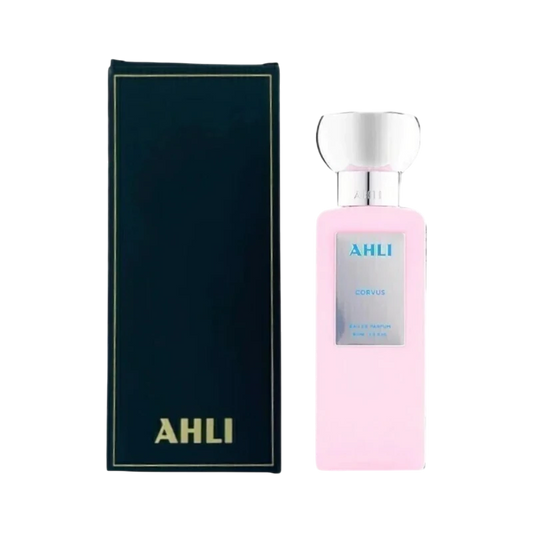 Perfume AHLI CORVUS de BodegaPerfumera13 en frasco rosa rectangular con tapa plateada y caja negra elegante