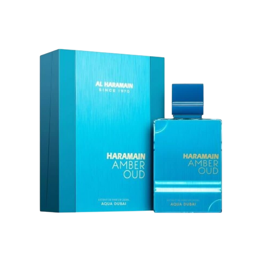 Perfume Al Haramain Aqua Dubai de BodegaPerfumera13 en frasco azul brillante con su caja de presentación a juego