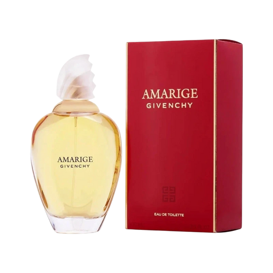 Perfume Amarige de Givenchy con frasco de cristal y caja roja, disponible en BodegaPerfumera13