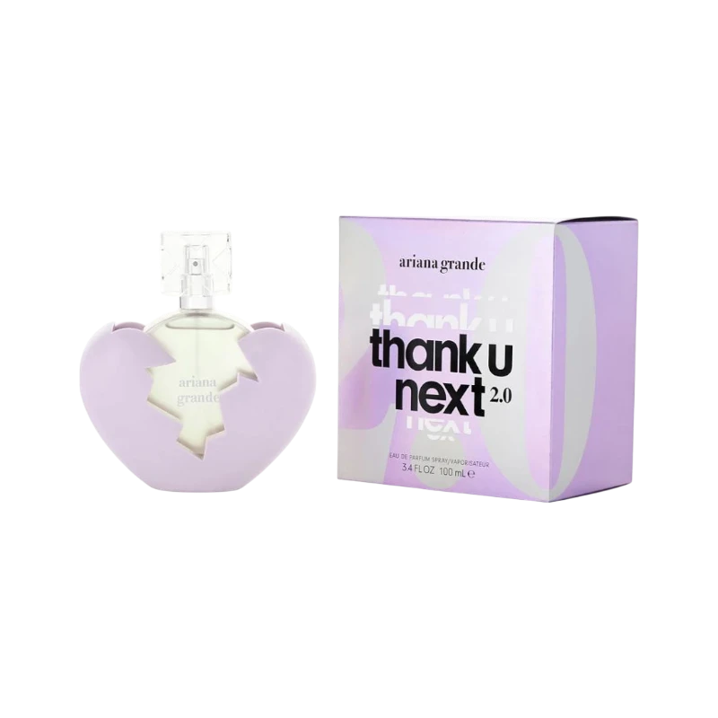 Perfume Ariana Grande Thank U Next 2.0 de BodegaPerfumera13 con frasco en forma de corazón roto y caja morada