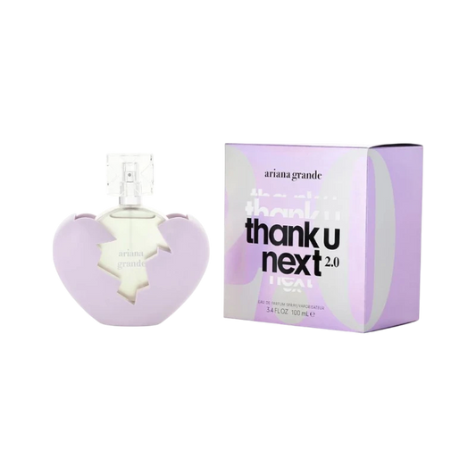 Perfume Ariana Grande Thank U Next 2.0 de BodegaPerfumera13 con frasco en forma de corazón roto y caja morada