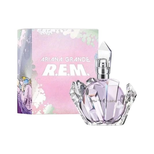Perfume R.E.M. de Ariana Grande de BodegaPerfumera13 con frasco de cristal facetado y caja decorada en tonos pastel