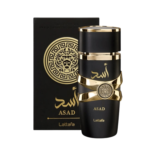Perfume Asad de Lattafa Perfumes en BodegaPerfumera13, frasco negro elegante con detalles dorados y caja a juego