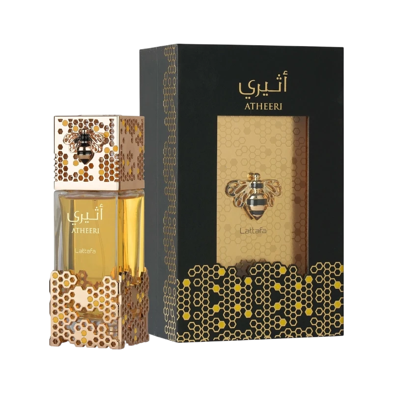 Perfume Atheeri de Lattafa de BodegaPerfumera13 con frasco decorado con panal dorado y detalle de abeja