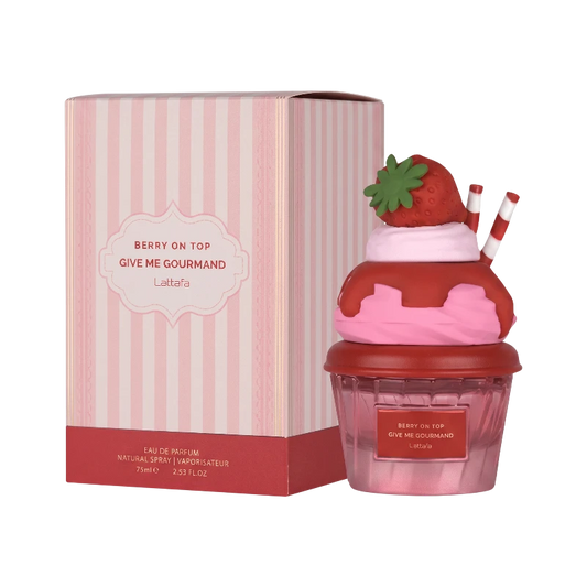 Perfume Berry On Top de Lattafa en BodegaPerfumera13, frasco con forma de cupcake y caja a rayas rosas y blancas