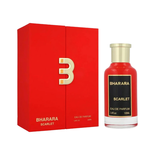 Perfume Bharara Scarlet de BodegaPerfumera13 en frasco rojo con caja a juego y tapón dorado