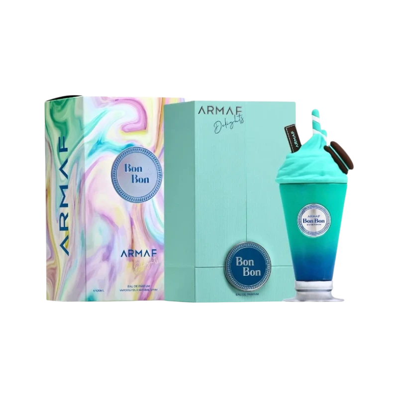 Perfume Bon Bon de BodegaPerfumera13 con frasco en forma de batido turquesa y caja decorada con efecto marmolado