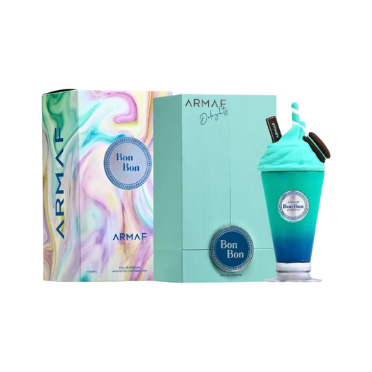 Perfume Bon Bon de BodegaPerfumera13 con frasco en forma de batido turquesa y caja decorada con efecto marmolado