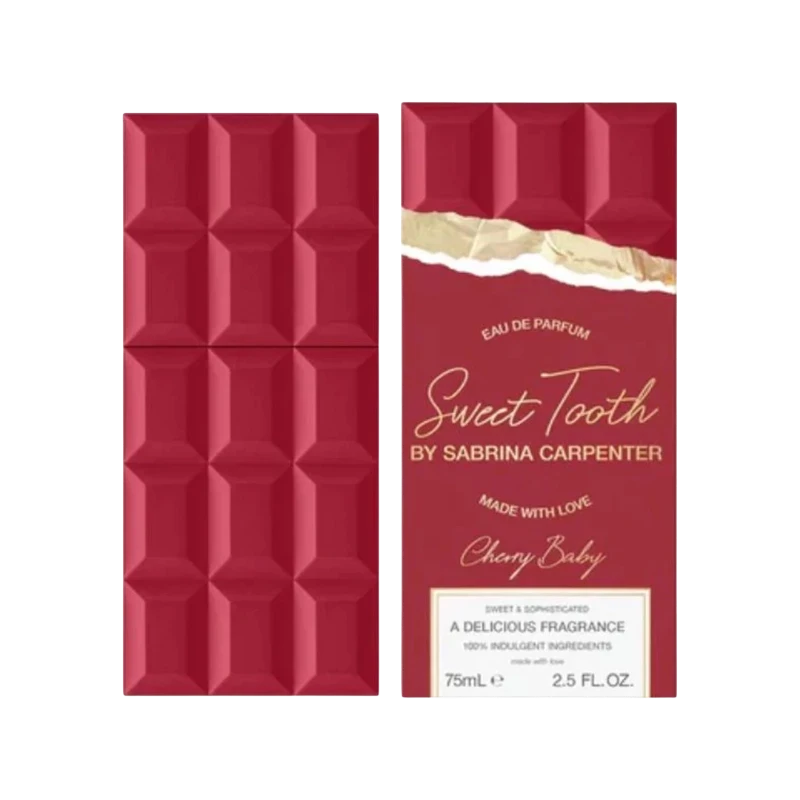 Perfume Cherry Baby de BodegaPerfumera13 con diseño de tableta de chocolate rojo y detalles en dorado