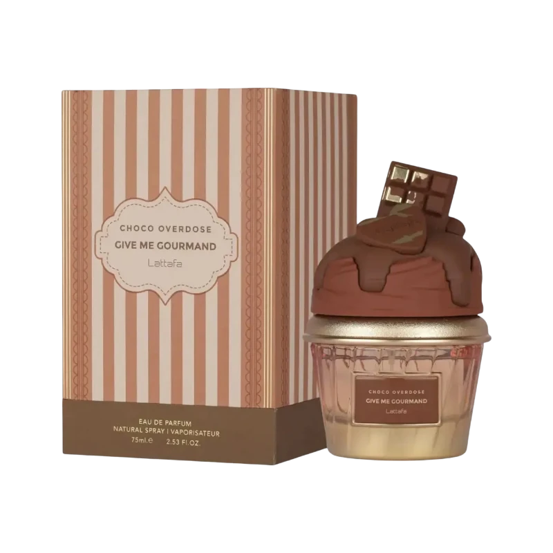 Perfume Choco Overdose de Lattafa en frasco con forma de cupcake de chocolate junto a su caja a rayas marrones