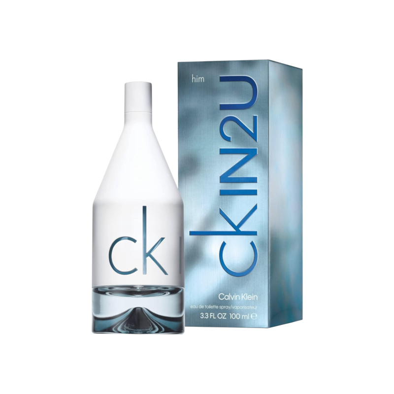 Perfume CK IN 2 YOU de BodegaPerfumera13 en frasco blanco minimalista junto a su caja azul metalizada