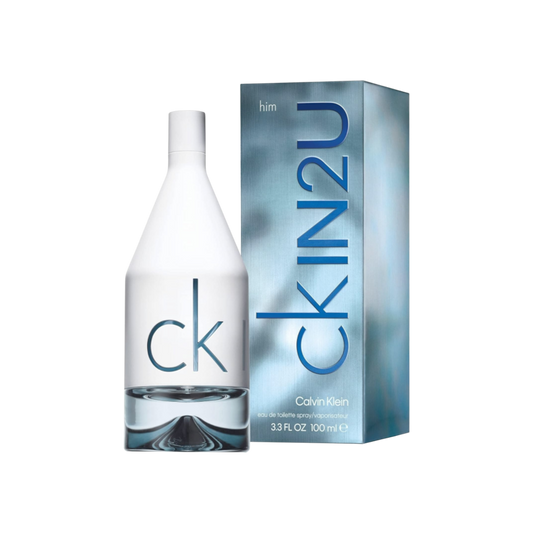 Perfume CK IN 2 YOU de BodegaPerfumera13 en frasco blanco minimalista junto a su caja azul metalizada