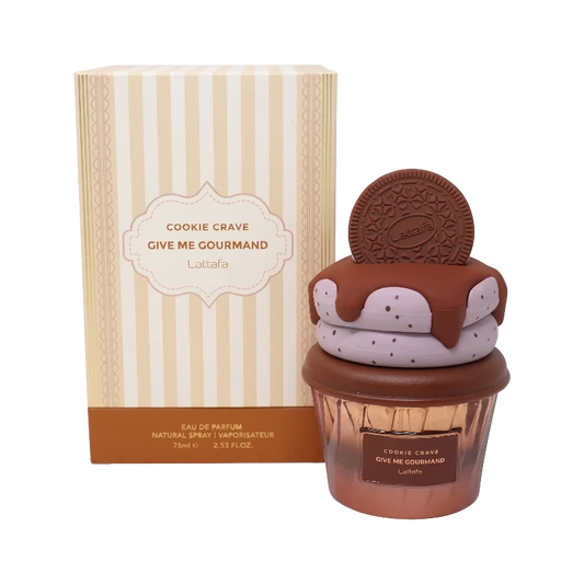 Perfume Cookie Crave de Lattafa en BodegaPerfumera13 con frasco en forma de cupcake decorado con una galleta