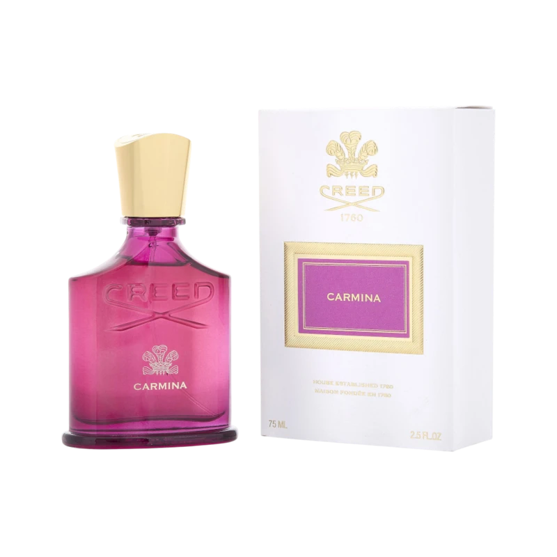 Perfume Creed Carmina de BodegaPerfumera13 en frasco de vidrio fucsia con tapón dorado junto a su caja blanca