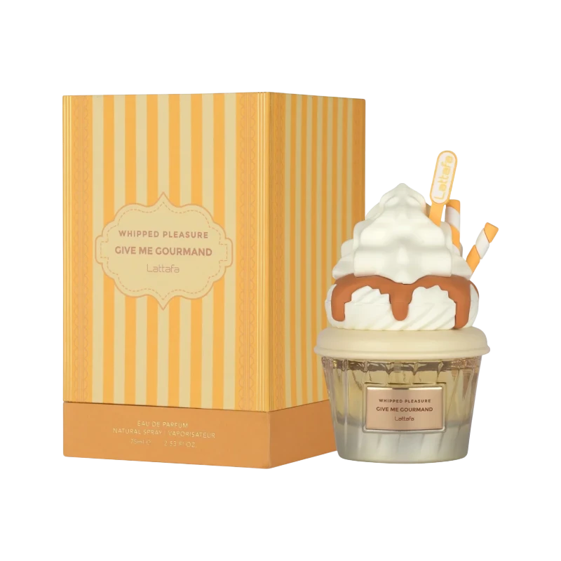 Perfume Whipped Pleasure de BodegaPerfumera13 con frasco en forma de cupcake y caja decorativa a rayas amarillas