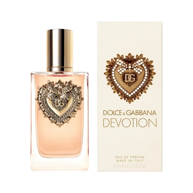 Perfume Devotion de Dolce & Gabbana en BodegaPerfumera13, frasco de cristal con corazón dorado y caja a juego
