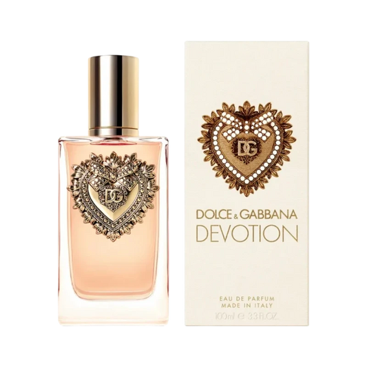Perfume Devotion de Dolce & Gabbana en BodegaPerfumera13, frasco de cristal con corazón dorado y caja a juego