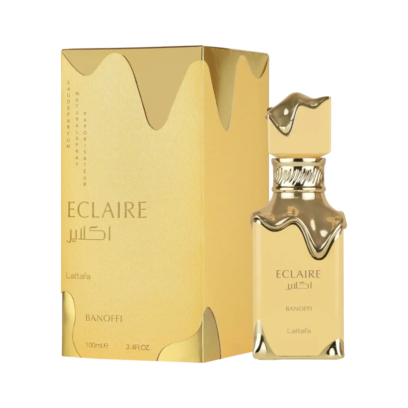 Perfume Eclaire Banoffi de Lattafa en BodegaPerfumera13, frasco y caja dorados con diseño de caramelo derretido