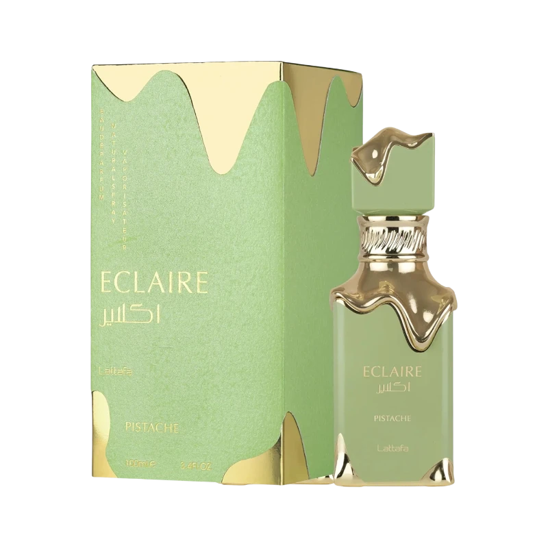 Perfume Eclaire Pistache de BodegaPerfumera13 en frasco verde con detalles dorados y caja a juego