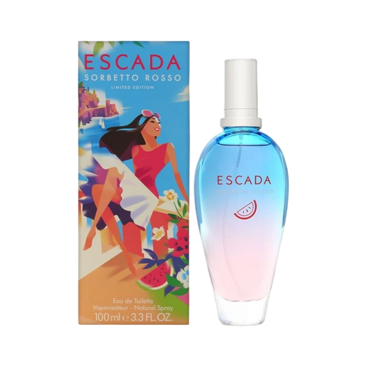 Perfume Escada Sorbetto Rosso de BodegaPerfumera13 con frasco degradado azul y rosa y caja ilustrada veraniega