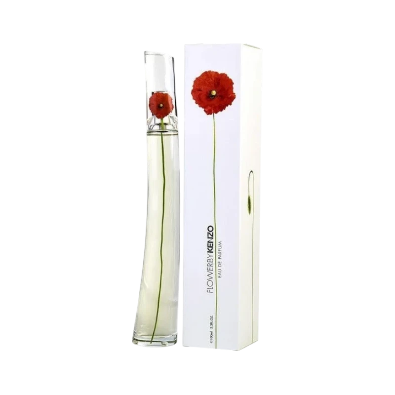 Perfume Flower by Kenzo La Récolte Parisienne de BodegaPerfumera13 con frasco alargado y caja blanca con amapola roja