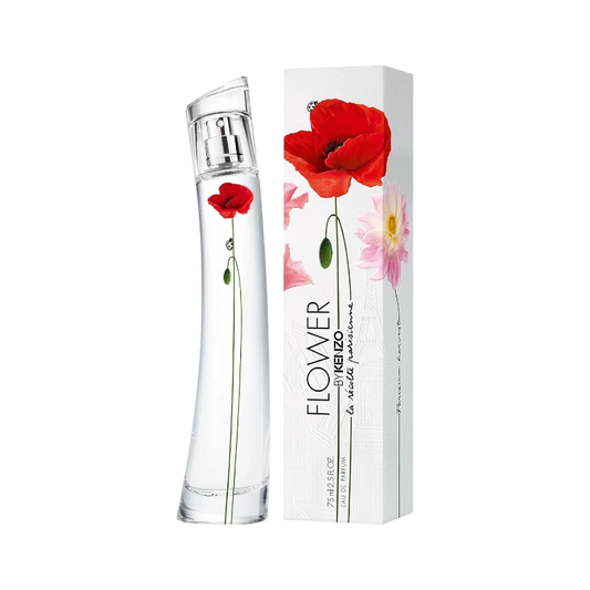 Perfume Flower by Kenzo de BodegaPerfumera13 en frasco de vidrio curvo con amapola roja y caja decorada a juego