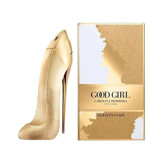 Perfume Good Girl Gold Fantasy de BodegaPerfumera13 con frasco en forma de zapato de tacón dorado brillante y caja