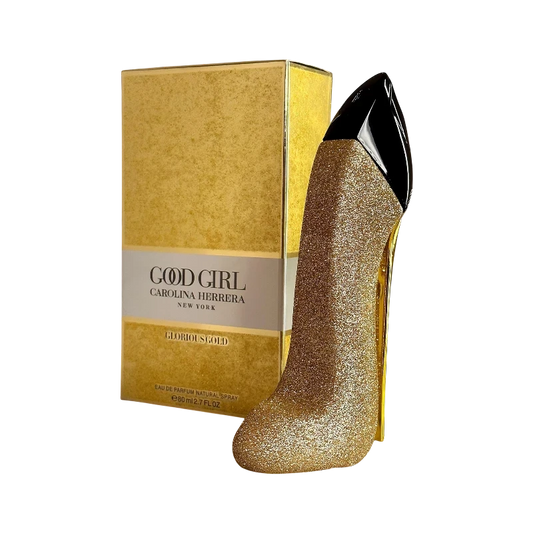 Perfume Good Girl Glorious Gold de Carolina Herrera de BodegaPerfumera13 con frasco en forma de zapato dorado brillante