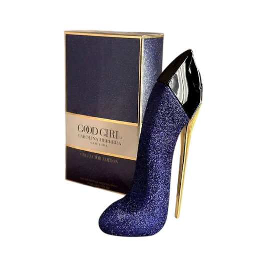 Perfume Good Girl Glitter de BodegaPerfumera13 en frasco azul brillante con forma de zapato de tacón y su caja
