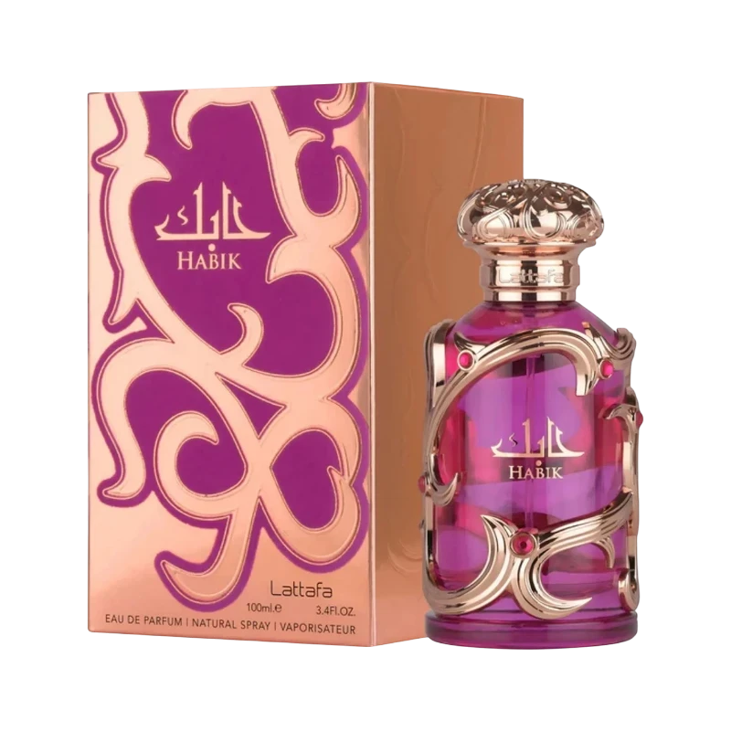 Perfume Habik For Woman de BodegaPerfumera13 en frasco de cristal fucsia con detalles dorados y caja decorativa