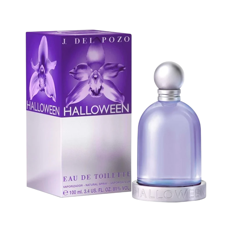 Perfume Halloween de BodegaPerfumera13 en frasco de cristal morado con caja decorada con orquídeas