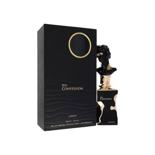 Perfume masculino BodegaPerfumera13 His Confession en frasco negro con busto dorado y caja de presentación elegante