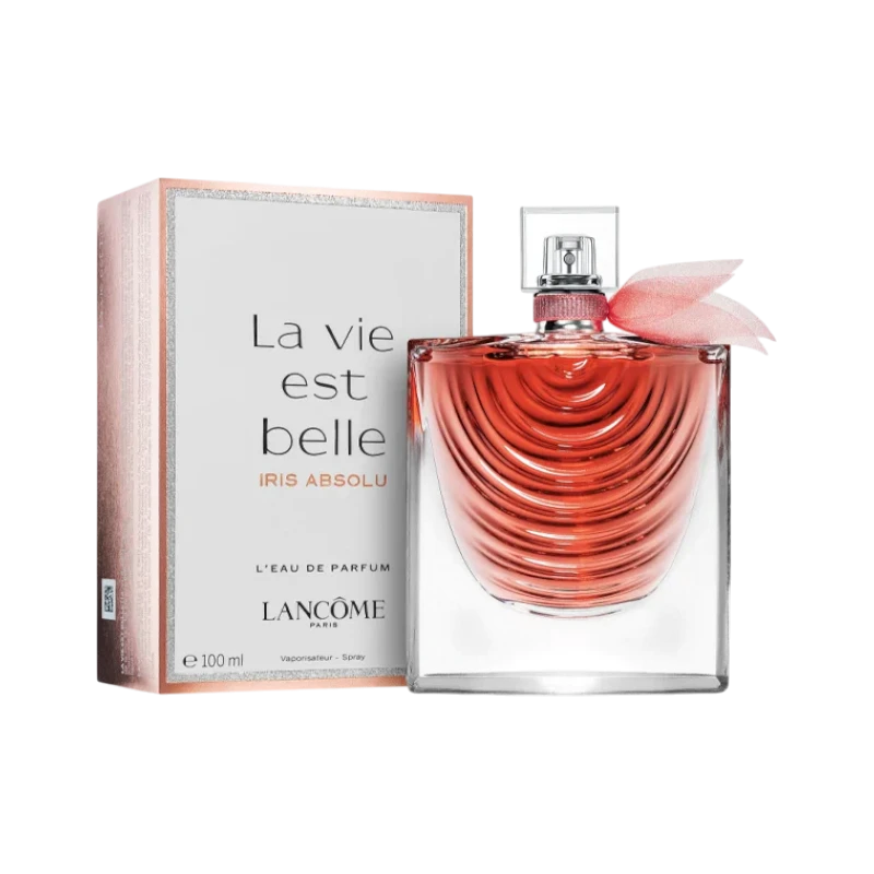 Perfume La Vie Est Belle Iris Absolu de BodegaPerfumera13 en frasco de cristal con lazo rosa y caja decorativa