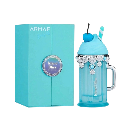 BodegaPerfumera13 Island Bliss Armaf perfume en frasco azul tipo malteada con pedrería y caja de regalo turquesa