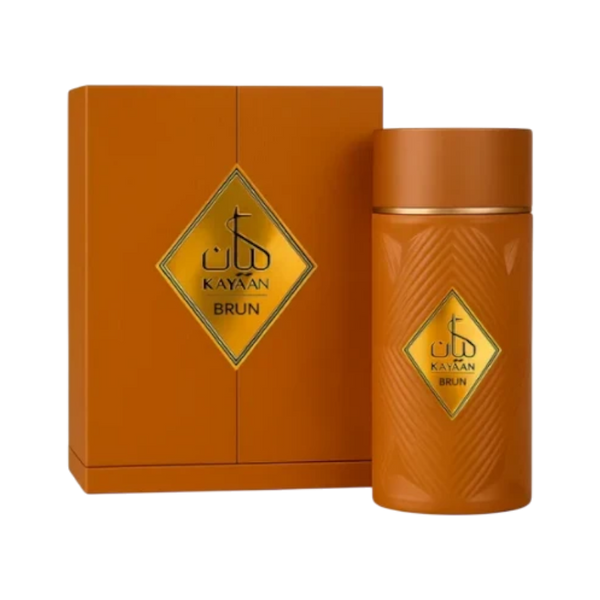 Perfume Kayaan Brun Original de BodegaPerfumera13 en frasco cilíndrico marrón con detalles dorados y caja a juego