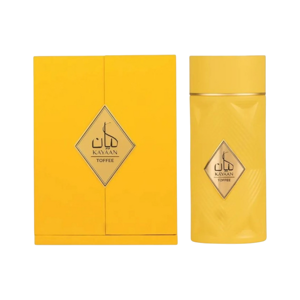 Perfume Kayaan Toffe Original de BodegaPerfumera13 con caja y frasco amarillo de diseño elegante y aroma gourmand