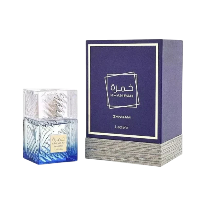 Perfume Khamrah Zanqam de BodegaPerfumera13 con frasco de cristal azul y caja de presentación elegante