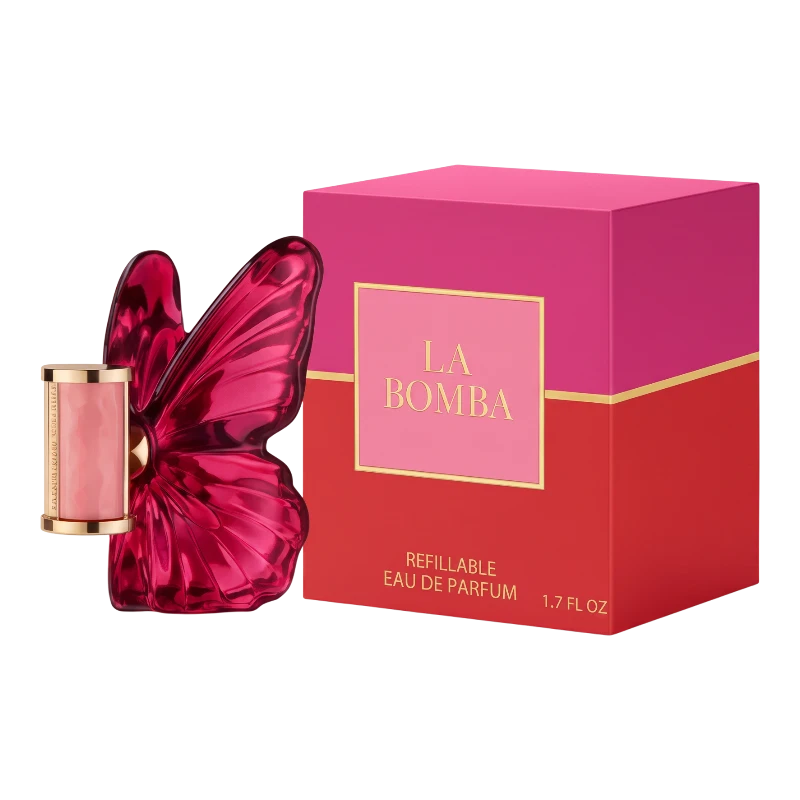 Perfume La Bomba de BodegaPerfumera13 con frasco en forma de mariposa rosa y caja bicolor fucsia y roja