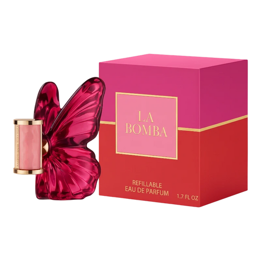 Perfume La Bomba de BodegaPerfumera13 con frasco en forma de mariposa rosa y caja bicolor fucsia y roja