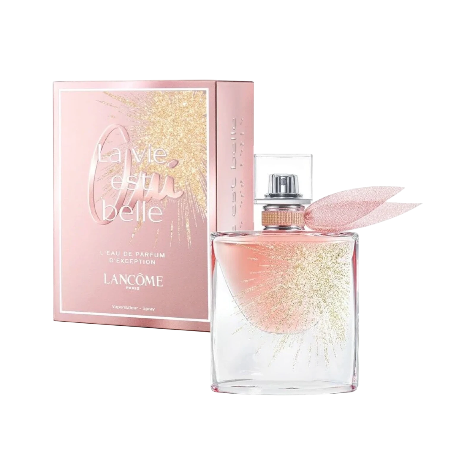 Perfume La Vie Est Belle Oui de BodegaPerfumera13 en frasco de cristal con detalles dorados y caja rosa brillante