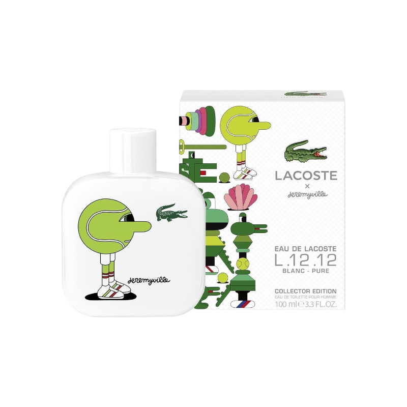 Perfume Lacoste Jeremyville de BodegaPerfumera13 con diseño artístico de pelota de tenis en frasco y caja blanca