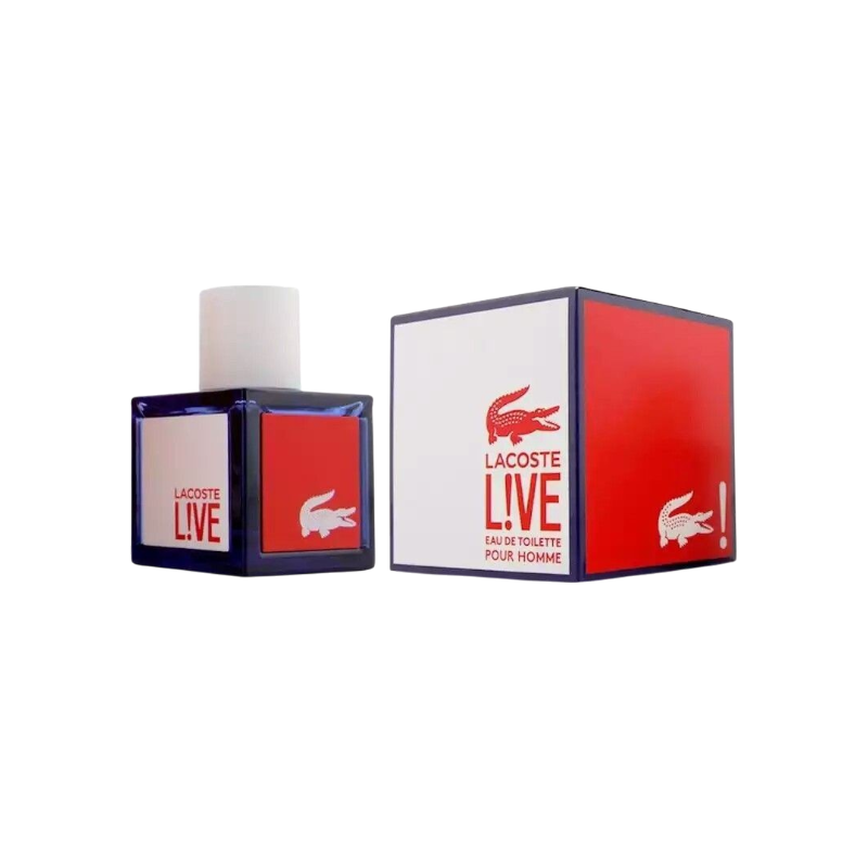 Perfume LACOSTE LIVE de BodegaPerfumera13 con frasco cuadrado azul y caja roja y blanca con el logo del cocodrilo