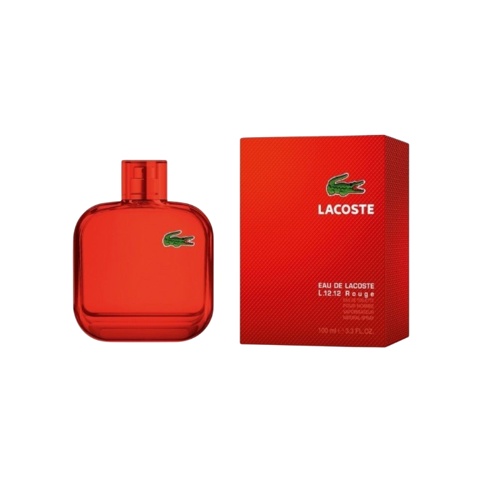 Perfume Lacoste Red L.12.12 para hombre de BodegaPerfumera13 con frasco rojo icónico y caja a juego